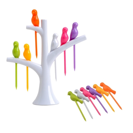 Novelty Fruit Platter Server Bird Tree Top Stand & Fork Toothpick Set