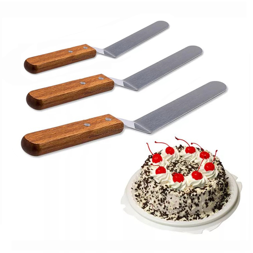 3pc Professional Stainless Steel Baking Straight and Bowed Offset Spatula Set / wooden handles /Icing, Decorating Spread Cake Kitchen Tool Kit
