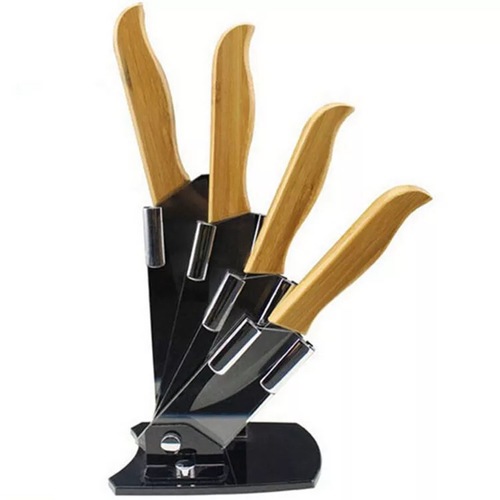 4 Piece Black Blade Bamboo Handle Ceramic Set and Vegetable Peeler with Storage Stand Holder