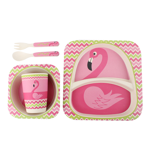 5pcs Cutlery Set for Kids - Divided Plate Bowl Cup & Fork Dinnerware Feeding Set - 100% Bamboo BPA Free - Flamingo Animal Design