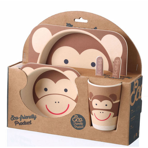 Kids Cutlery Set - Sectioned Plate Bowl Cup and Fork 5pc Pack - Eco-Friendly 100% Bamboo - Monkey Design