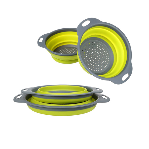 Set of 2 Pieces Collapsible Silicone Colander Folding Kitchen Silicone Strainer Including One 8 Inch and One 9.5 Inch(Green)