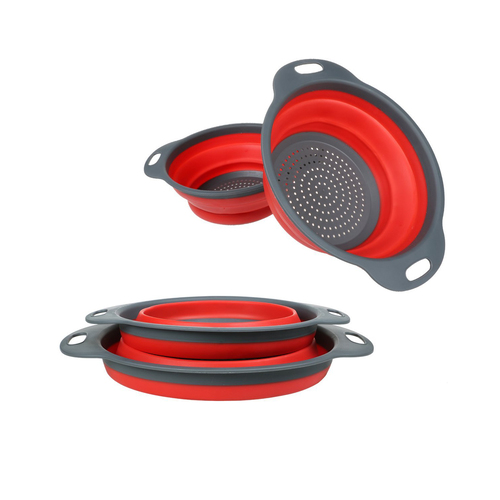 Set of 2 Collapsible Silicone Colander Folding Kitchen Silicone Strainer Including One 8 Inch and One 9.5 Inch(Red)