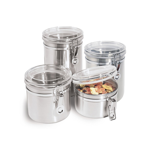 4-Piece Stainless Steel Food Storage Canister Set with Airtight Acrylic Lid and Clamp Kitchen Containers