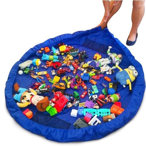 2 in 1 Portable Toy Storage Organizer Bag and Play Mat Rug for Legos Block Doll Diameter Around 33inch(Blue)