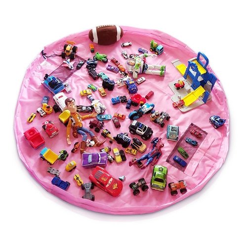 2 in 1 Portable Toy Storage Organizer Bag and Play Mat Rug for Legos Block Doll Diameter Around 33inch(Pink)