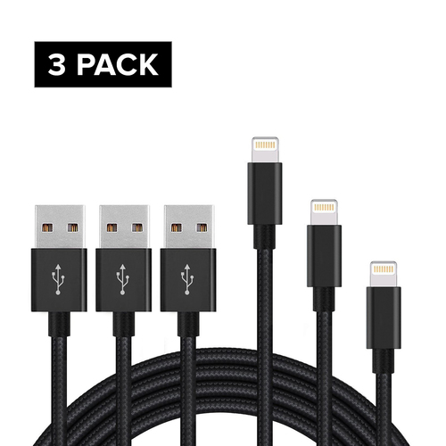 3 Pack 1M Nylon Apple iPhone 5 6 6S 7 7 Plus 8 8 Plus Charger USB Data Cord Lightning Cable Black