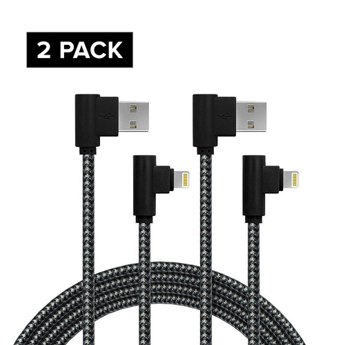 2 Pack Super Tough Duty - 1m Lightning USB Cable - 90 Degree Angle Charger - Data Sync for iPhone and iPad (Black)