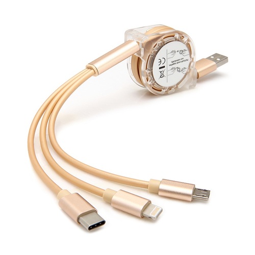 New 3 in 1 Retractable Fast Chargin Cable With Micro USB Type C Adapter For iPhone iOS (Gold)