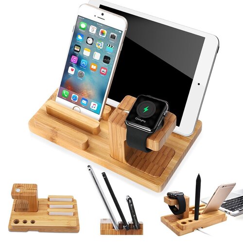 3 in 1 Bamboo Wood Charging Dock Docking Station Holder for iPhone & iPad & Apple Watch