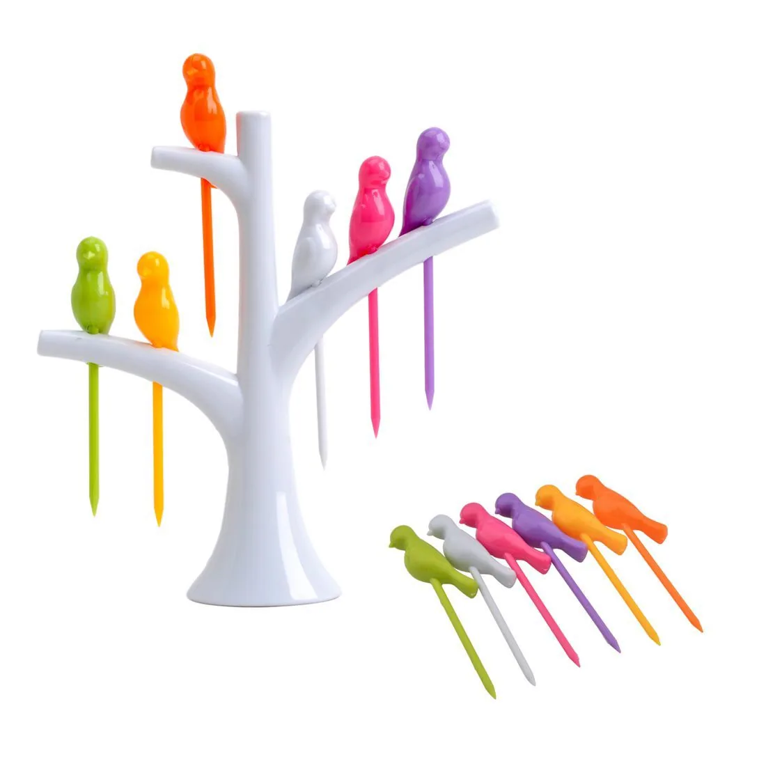 Six colourful bird-topped fruit picks perched on a white tree stand and shown separately beside it