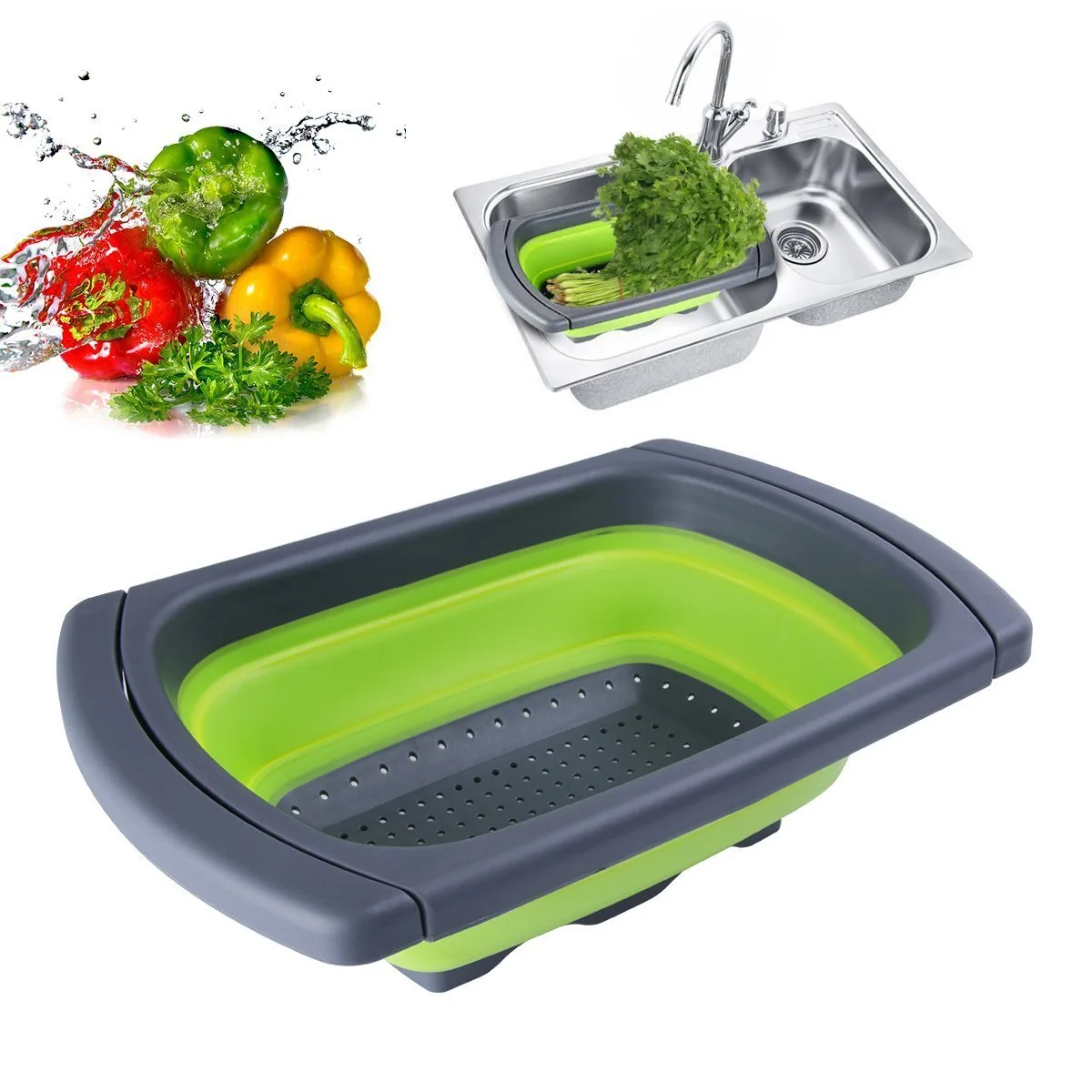Green and dark grey folding colander, with a smaller demonstration showing it resting across a sink
