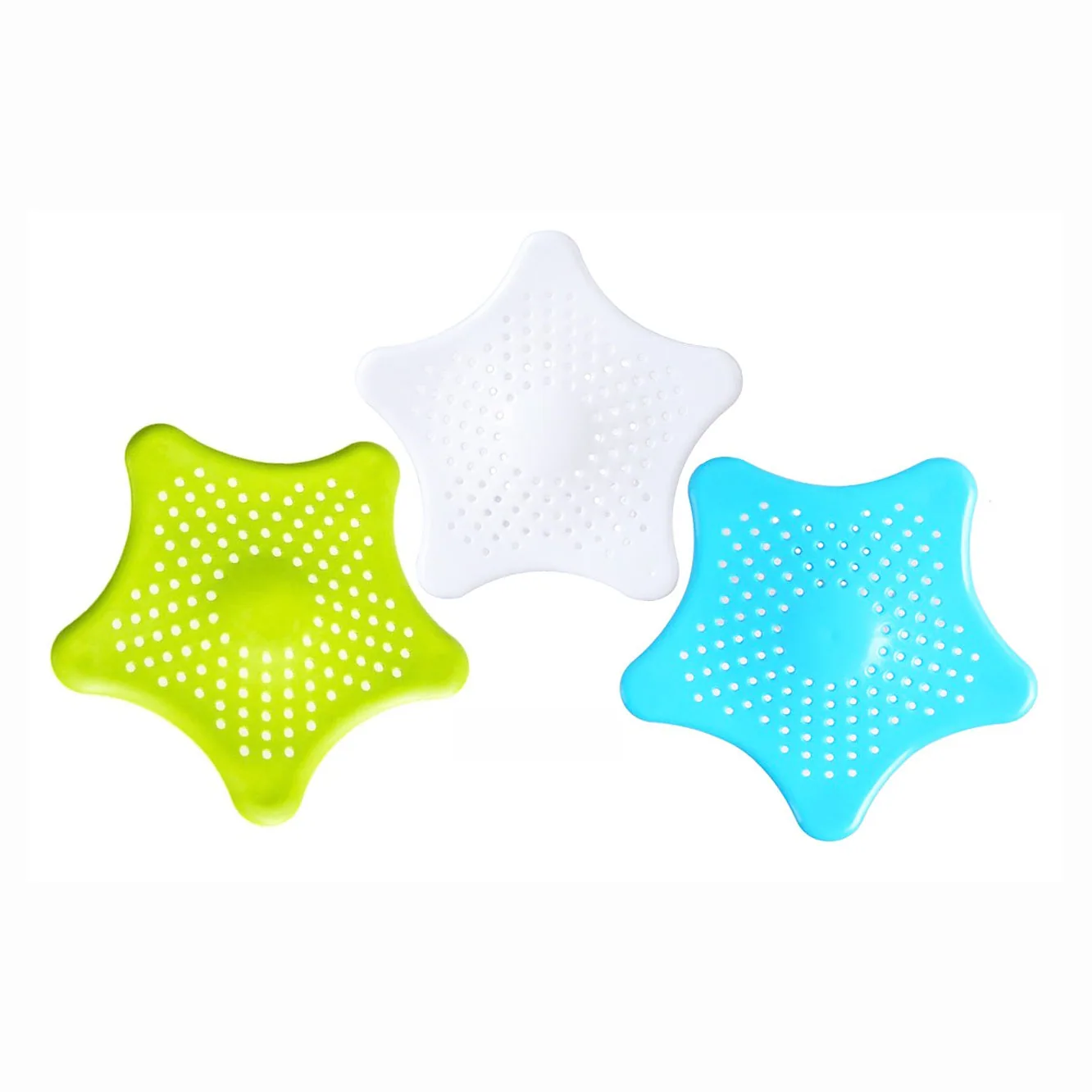 Three perforated starfish-shaped drain covers in lime green, white and cyan