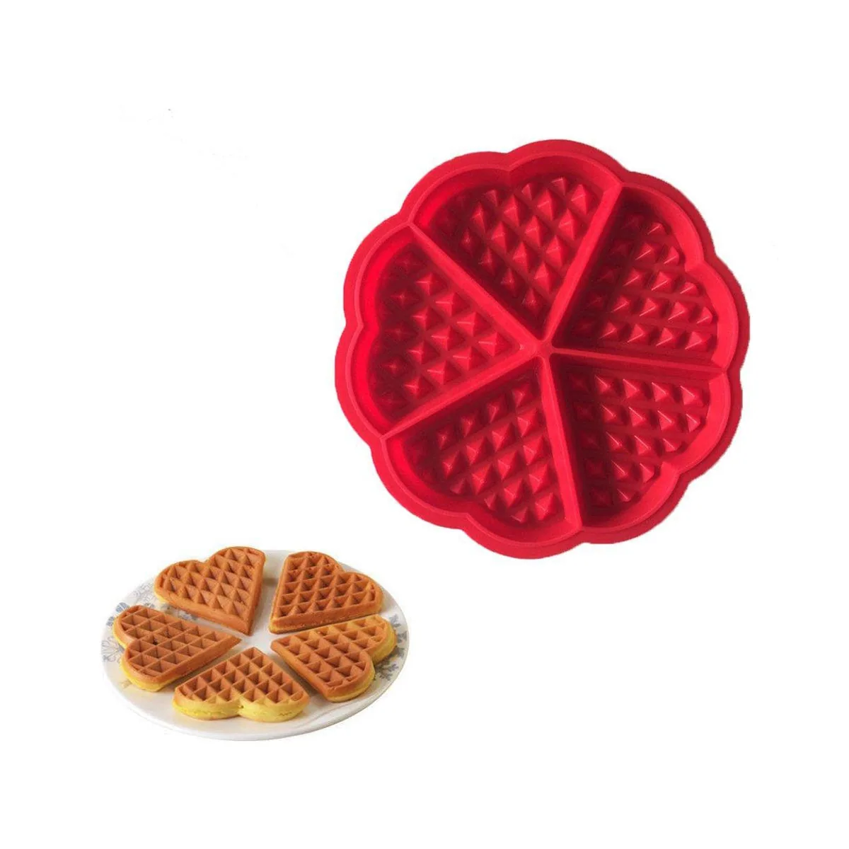 Red round mould with five heart-shaped waffle sections, beside a plate of five heart-shaped waffles